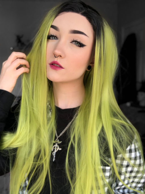 Lime green long straight lace front wig. Shamrock is certainly not for the faint hearted! This lime green look has a natural twist of black roots that make this style so bold. Long with barely there waves.