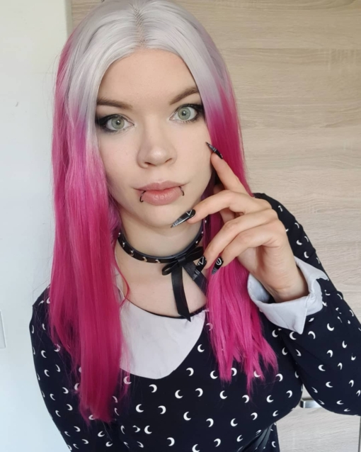 Pink and white straight lace front wig. Inspired by the the flower, we love the vivid shocking pink with its white roots that blend together perfectly.