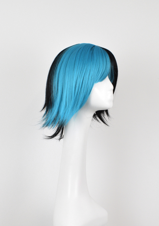 Blue and black split straight bob wig with bangs. Wave takes on the dramatic colour divide. A cool blue section from the centre parting, through the fringe, across to the ear, leaving the rest of the head a black colour. A straight blunt cut with a wispy fringe.