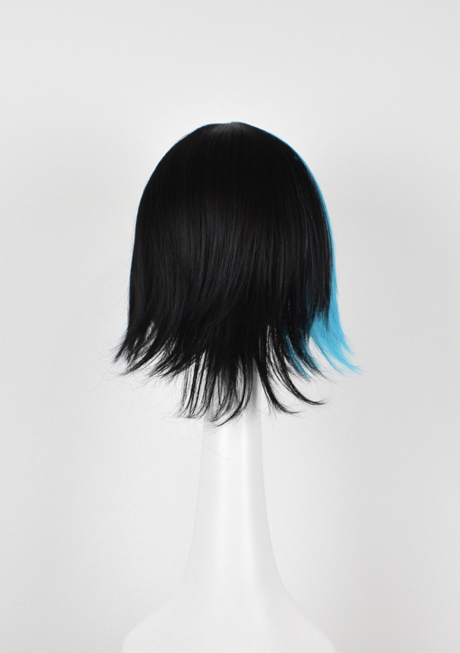 Blue and black split straight bob wig with bangs. Wave takes on the dramatic colour divide. A cool blue section from the centre parting, through the fringe, across to the ear, leaving the rest of the head a black colour. A straight blunt cut with a wispy fringe.