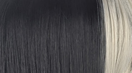 Billie - Lush Wigs UK This sleek and dead straight long medium length style comes in a warm black colour. With a money-penny highlight of light grey in the fringe and each side of the face.