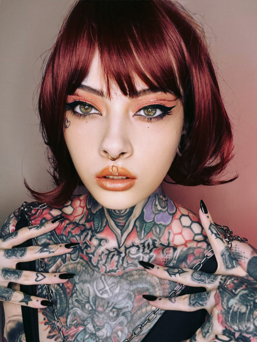 Boop - Lush Wigs UK Boop is a sleek cute bob in a dark ruby colour from roots to tips, peaking just below the ears. A light fringe frames the face and a gentle upwards curl for that vintage look.