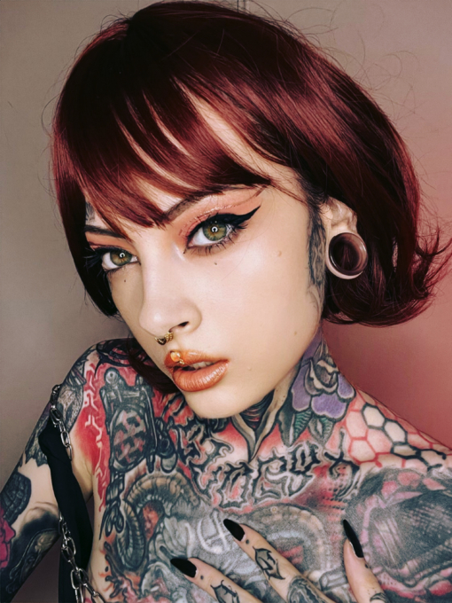 Boop is a sleek cute bob in a dark ruby colour from roots to tips, peaking just below the ears. A light fringe frames the face and a gentle upwards curl for that vintage look.