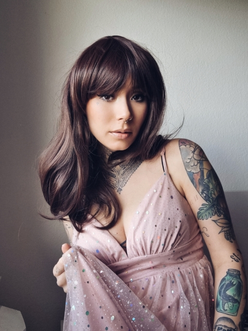 Chocolate is a natural mix of auburn and brown to create this beautiful warm colour from roots to tips. Sleek long layers are styled in a blow out for volume. Its long thick full fringe can be cut to suit the wearer.