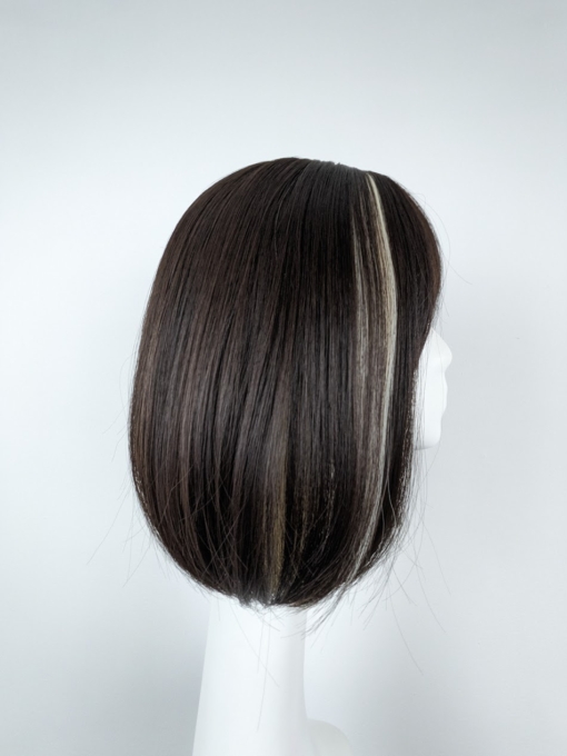 One length dark brown bob, that has a blonde colour underneath for a peek-a-boo effect. sleek and straight. With a light fringe.