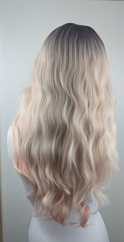 Dark brown shadowed roots melt into a light blonde with subtle pastel peach and pink highlights for that peek-a-boo effect. Long loose waves with long invisible layers adds movement and body. A light blunt sleek fringe.