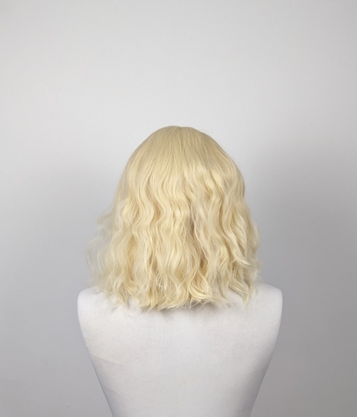 Natural blonde lace front wig. Bleach blonde from roots to tips in a wavy bob style.