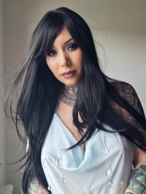 Winter - Lush Wigs UK Winter is a natural warm black colour from roots to tips. A barely there wave running through the lengths. With invisible layers cut in for movement and shape. A blunt sleek fringe completes the look.