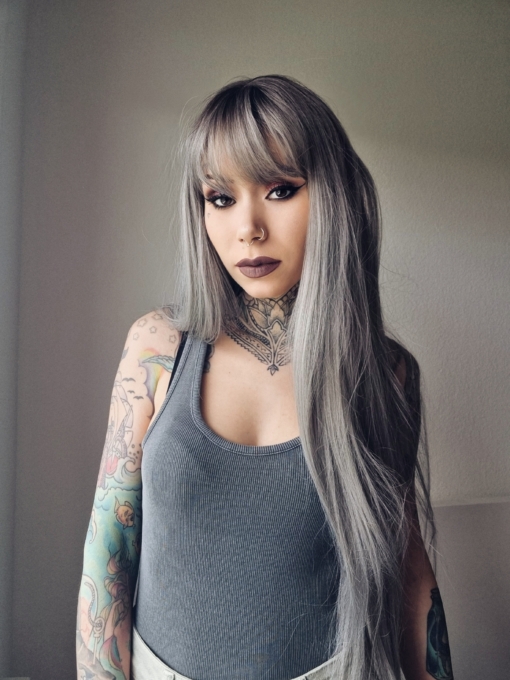 Grace has dark brown roots for that natural look, that blends into this ashy grey colour. Sleek and straight falling to the waist, with a light fringe.