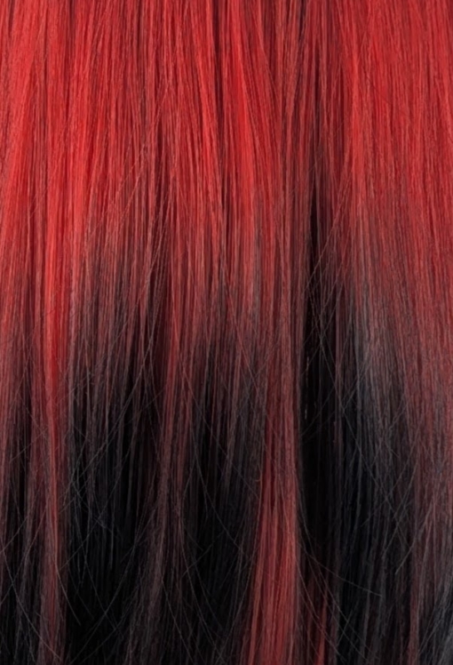 Jekyll - Lush Wigs UK This Reverse Ombré natural twist soft black wig with a deep red pop of colour. Soft black roots blend into this red hue with black tips. A sleek long style with long layers at the back, face framing layers at the front make this style easy to maintain. With a full blunt fringe to peep from under.