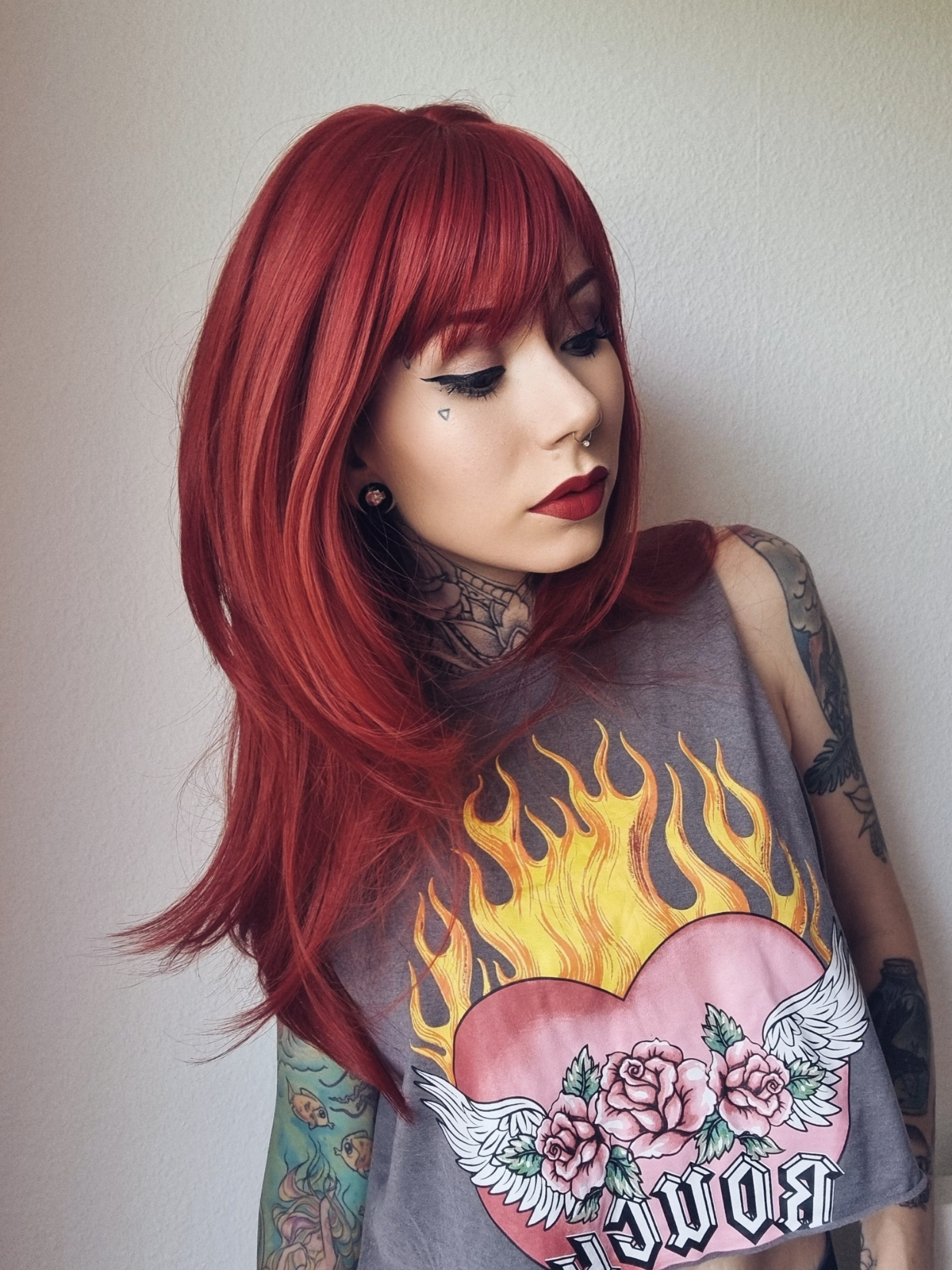 Fire engine red layered wig with bangs | Smitten by Lush Wigs UK