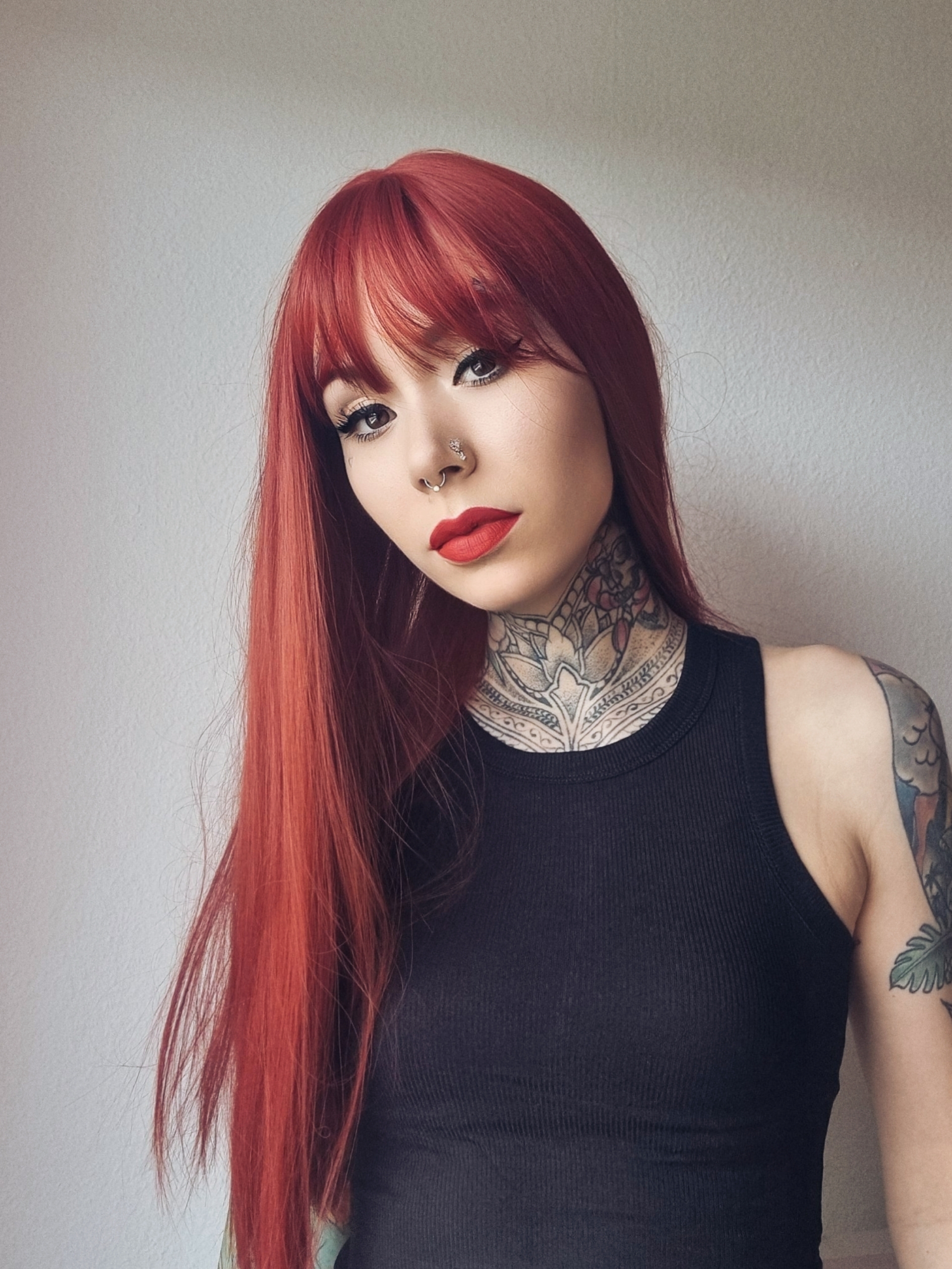 Red Hot Fire Engine Red Lacefront Wig Fire engine red layered wig with bangs | Smitten by Lush Wigs UK main image 2