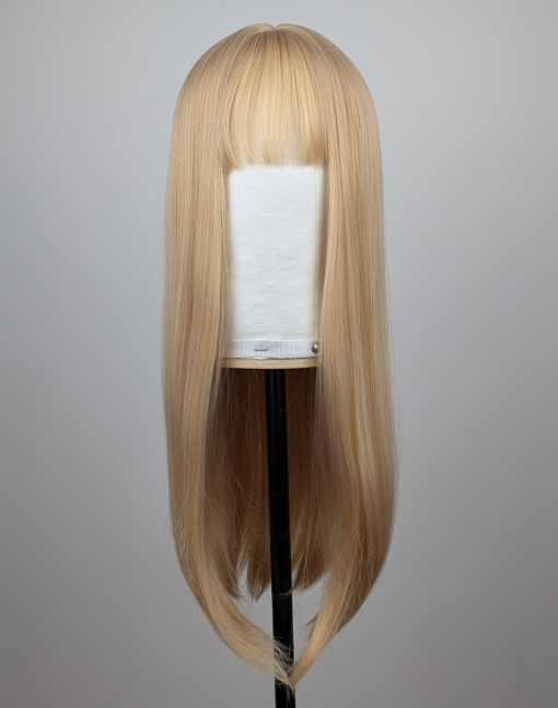 A long straight one-length wig that falls to the waist. This natural light honey blonde colour from roots to tips comes with a sleek blunt fringe.