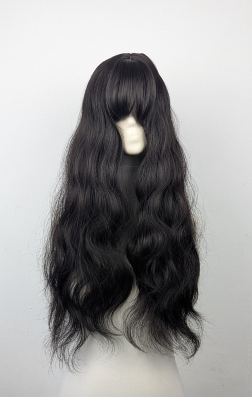 Outlet #154 - Lush Wigs UK A very dark brown colour from roots to tips. Styled in loose waves that fall to the waist. Long invisible layers to add body and movement to the look. With a sleek blunt fringe.