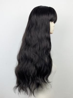 Outlet #154 - Lush Wigs UK A very dark brown colour from roots to tips. Styled in loose waves that fall to the waist. Long invisible layers to add body and movement to the look. With a sleek blunt fringe.