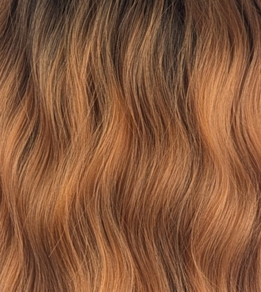 Embers - Lush Wigs UK A dark apricot wig with brown shadowed roots. Styled into a bob with loose waves and a sleek blunt fringe.