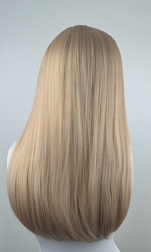 A long straight one-length wig that falls to the waist. This natural light honey blonde colour from roots to tips comes with a sleek blunt fringe.