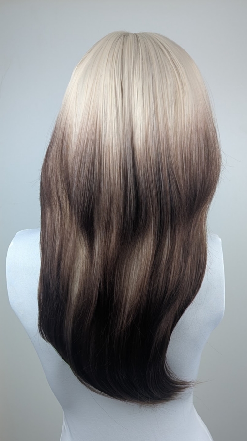 Sandstorm - Lush Wigs UK This natural reverse ombre wig comes in a mix of light blonde roots. They blend into a warm brown hue for a dip dye effect on the ends. A sleek long style with long layers at the back, face framing layers at the front make this style easy to maintain. With a sleek blunt fringe finishes the look.
