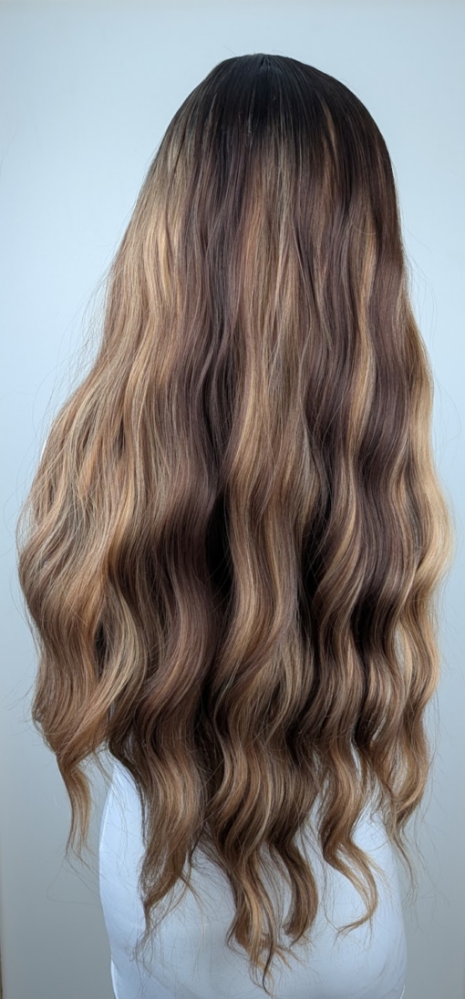 Addison - Lush Wigs UK A natural very long wig styled into loose waves throughout, with a sleek blunt fringe. Dark brown shadowed roots blend into a warm brown with high-lights to create this golden brown colour.