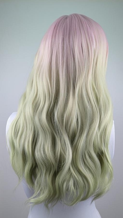 A mix of pastel pink from the roots that melt into a pastel green ombre. The style is sleek from the roots with a gentle wave for this one length long style. The fringe is long and sleek that can swept to the side or parted into curtain bangs.