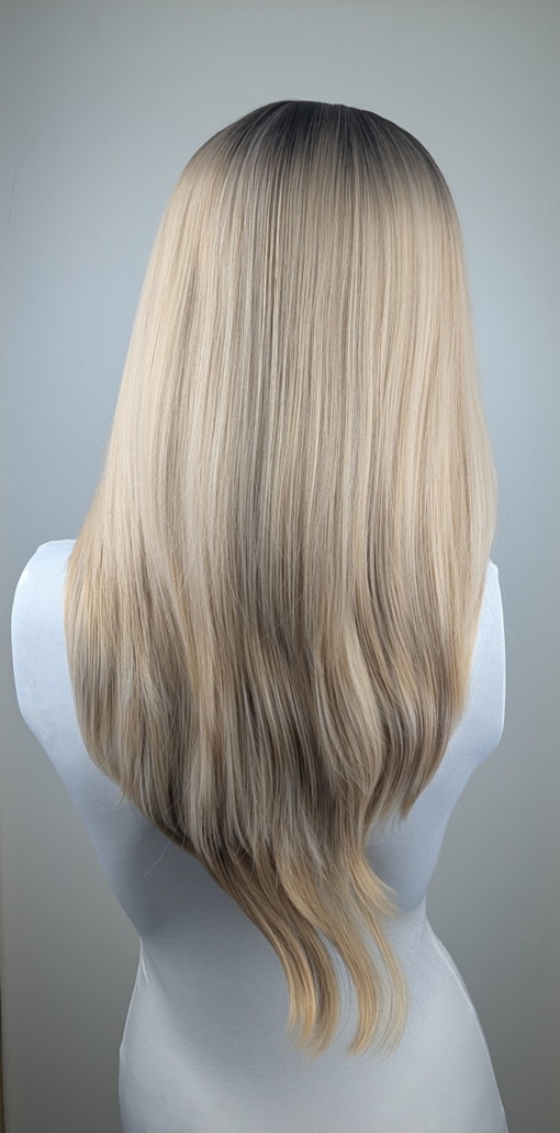 Ava - Lush Wigs UK A long and sleek wig with natural dark brown shadowed roots. They blend into a honey blonde with sterling blonde highlights. Styled into sleek long layers and a long fringe that can swept to the side or parted into curtain bangs.