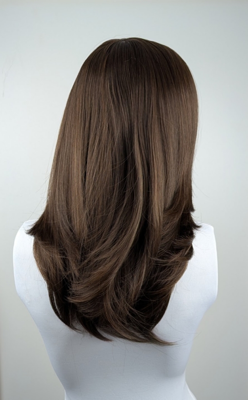 Bruna - Lush Wigs UK This natural wig has a mix of a deep brown colour blended with warm blonde lowlights. Styled sleek with long layers and a full fringe. Easy to wear and maintain.