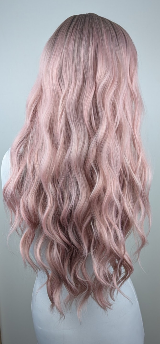Cameo - Lush Wigs UK Long loose barrel curls set the look of this style. Light brown shadowed roots give a natural feel to this pastel creamy mix of blonde and pink. A light fringe carries the colour.
