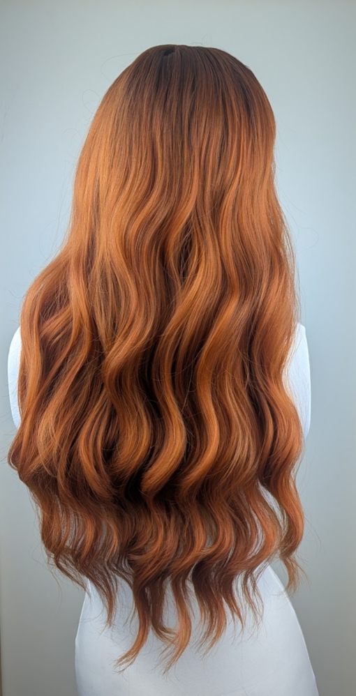 This wig has brown shadow roots that blend into a natural warm mix of copper and auburn tone. Styled in loose barrel curls falling to the waist. The fringe is sleek and blunt.