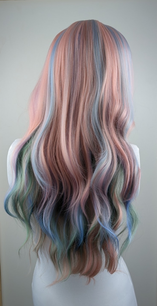 Confetti - Lush Wigs UK Confetti is a mixture of many pastel colours. Peach, lilacs, blues and greens. Long and curly with invisible layers for bounce and a full sleek pink fringe.