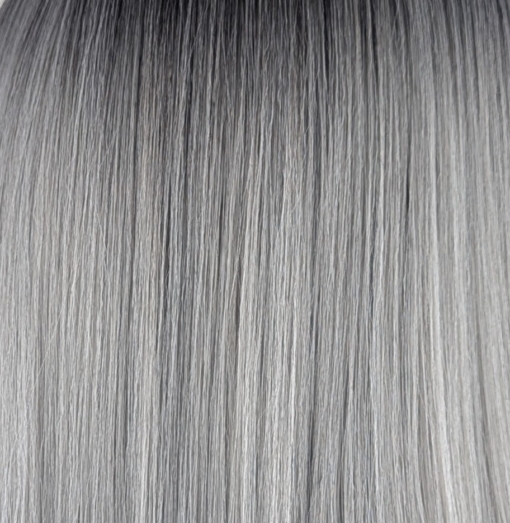 Grace - Lush Wigs UK Grace has dark brown roots for that natural look, that blends into this ashy grey colour. Sleek and straight falling to the waist. The fringe is sleek and blunt.