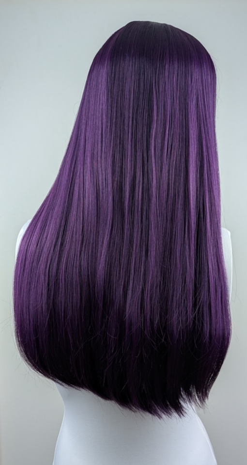Grudge - Lush Wigs UK A rich, jewel toned purple from the roots that melt into a deeper purple on the ends. The cut is long with invisible layers and dead straight with a full blunt fringe.