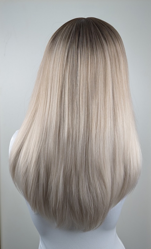 January - Lush Wigs UK A natural wig with dark brown shadow roots that blend into a mix of platinum blonde and sandy blonde. These two tones blend to create a mushroom hue.The ends of the hair are pure platinum blonde. The style is long and sleek with layers at the front with a blunt fringe.