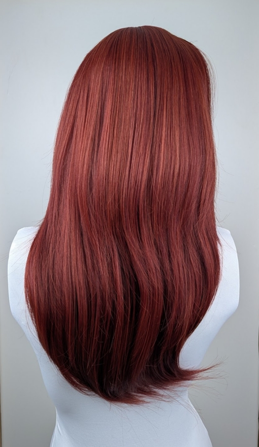 Mantle - Lush Wigs UK Long and sleek with layers and styled in a blowout. A rich russet auburn with ginger undertones creates this colour from roots to tips. A long full fringe adds volume.