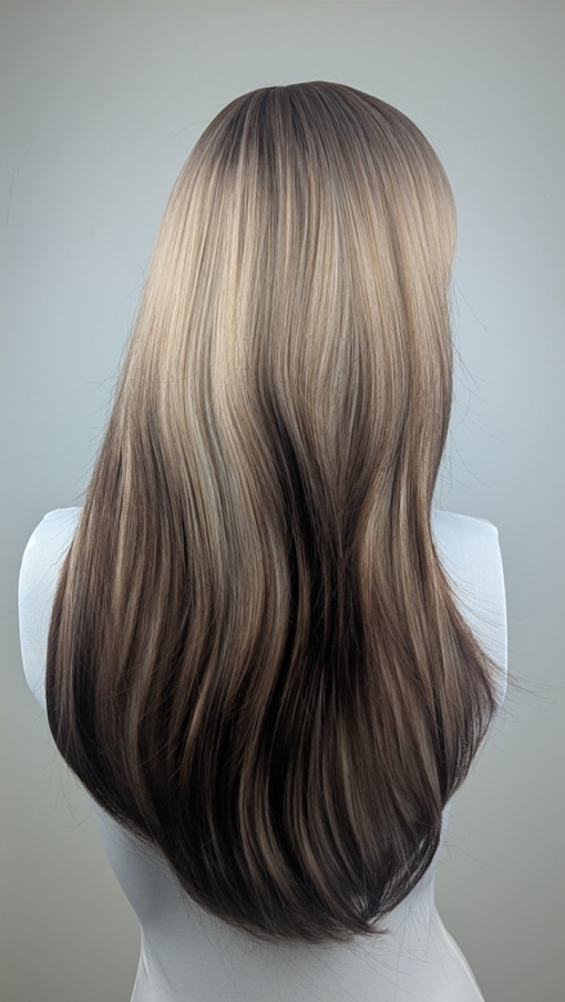 This Reverse Ombré natural wig has brown roots that blend into a sandy blonde, with warm russet brown ends. Styled sleek and choppy. The fringe is sleek and blunt and can be worn as curtain bangs.