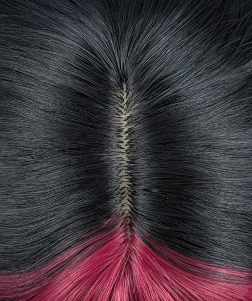 Myth - Lush Wigs UK This wavy bob comes to life with a face framing slice of bright purple colour. Thats carried into the sleek fringe and adds a peek-a-boo at the sides. A soft black colour from roots to tips.