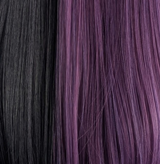Nova - Lush Wigs UK Nova takes on the dramatic colour divide. Gothic mix of purple and black colours. Split down the centre parting and carrying the colour through the sleek fringe. Styled into a straight one length bob that curls gently at the ends.