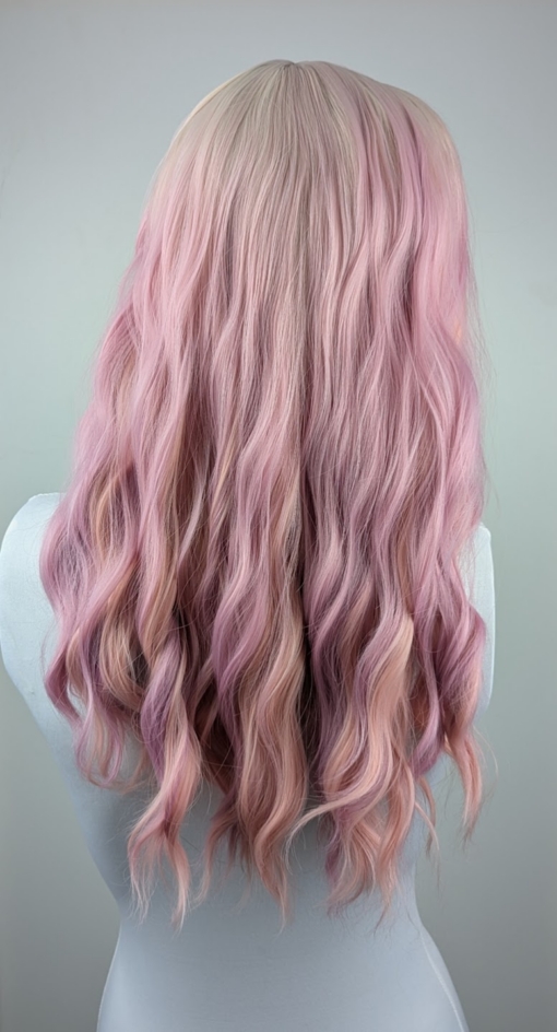 This long style comes in three shades of pastel lilac and peachy pink. Styled into waves. Blonde roots give a natural feel to the style finished with a sleek blunt blonde fringe.