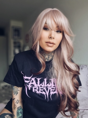 Pink Swirl - Lush Wigs UK This wig comes in a mix of pink and cream roots. They blend into a warm brown hue for a dip dye effect on the ends. A sleek long style with long layers at the back, face framing layers at the front make this style easy to maintain. With a sleek blunt fringe finishes the look.