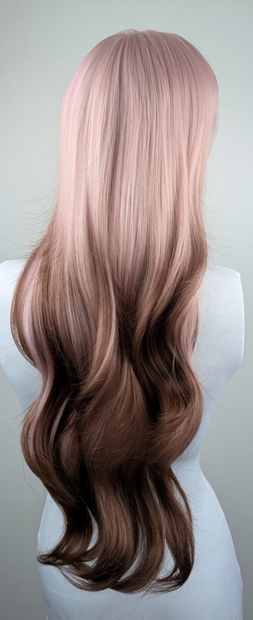Pink Swirl - Lush Wigs UK This wig comes in a mix of pink and cream roots. They blend into a warm brown hue for a dip dye effect on the ends. A sleek long style with long layers at the back, face framing layers at the front make this style easy to maintain. With a sleek blunt fringe finishes the look.