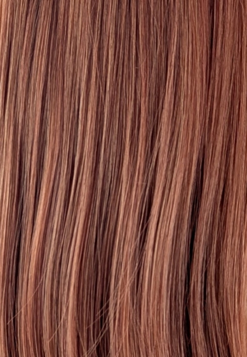 Saffron - Lush Wigs UK A mixture of brunette and cinnamon colours. A sleek long bob with a blunt fringe. A combination of stylish and sassy.