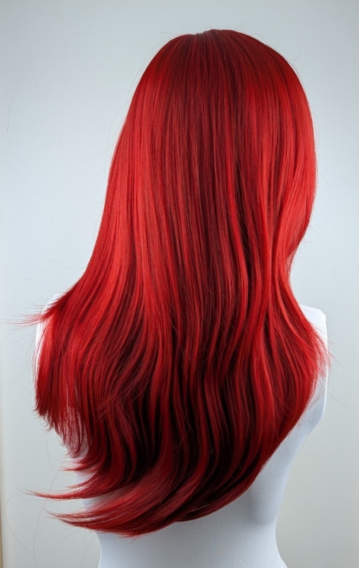 This sleek style comes in a vivid fire engine red colour from roots to tips. Cut into long layers that fall to the waist. Finished in a barrel brush blow out, with a sleek blunt fringe.