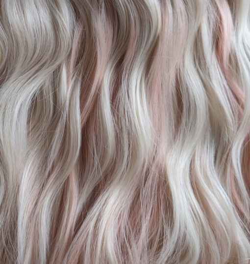 Dark brown shadowed roots melt into a light blonde with subtle pastel peach and pink highlights for that peek-a-boo effect. Long loose waves with long invisible layers adds movement and body. A light blunt sleek fringe.