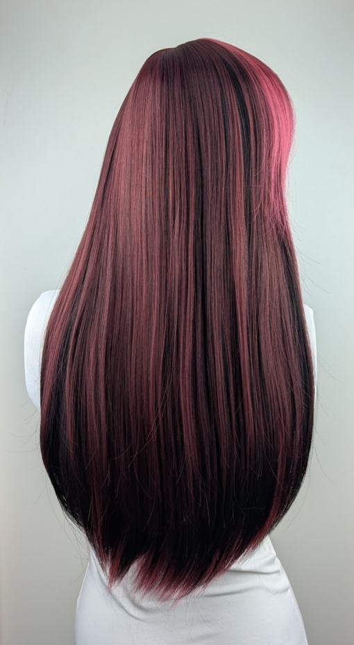 Stitch - Lush Wigs UK This wig is cut into face framing layers with a sleek blunt fringe. A long style with a slice of dark pink at the front. Mixed in with a natural warm black tone to the rest of the head. A block of pink colour from the nape of the neck gives a peek-a-boo effect.