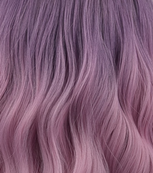 Sugarpop - Lush Wigs UK This wig has brown shadowed roots that melt into a dark lilac colour into a soft pink ombre. A bob styled into loose waves with a sleek blunt fringe.