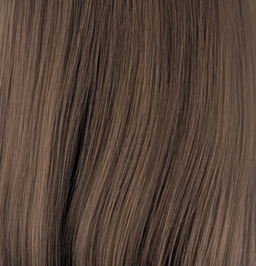 This natural brown colour wig is simple and easy to wear. Its rich brown shades come to life with golden-copper undertones. A sleek long bob (lob) that curls just under at the ends. With a light sleek fringe.
