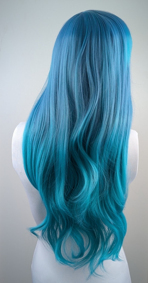 Shades of blue fade into a turquoise colour at the ends. Subtle waves and layers add shape and body. A long sleek fringe can be styled to suit you - however you want to wear it.