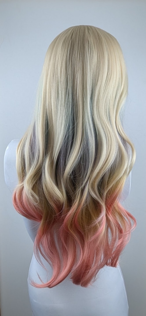 Zeus - Lush Wigs UK This multi-colour wig is a mixture of purple, blues, limes, greens and peach. From the nape of the neck giving a peek-a-boo effect. A natural blonde colour from the roots, thats carried into the sleek blunt fringe. Long and curly with invisible layers for bounce and volume.