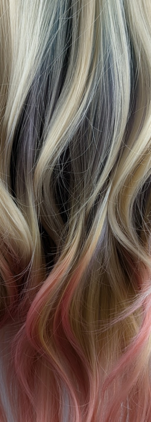 Zeus - Lush Wigs UK This multi-colour wig is a mixture of purple, blues, limes, greens and peach. From the nape of the neck giving a peek-a-boo effect. A natural blonde colour from the roots, thats carried into the sleek blunt fringe. Long and curly with invisible layers for bounce and volume.