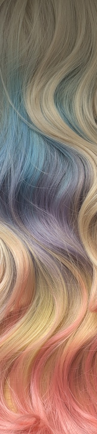 Zeus - Lush Wigs UK This multi-colour wig is a mixture of purple, blues, limes, greens and peach. From the nape of the neck giving a peek-a-boo effect. A natural blonde colour from the roots, thats carried into the sleek blunt fringe. Long and curly with invisible layers for bounce and volume.