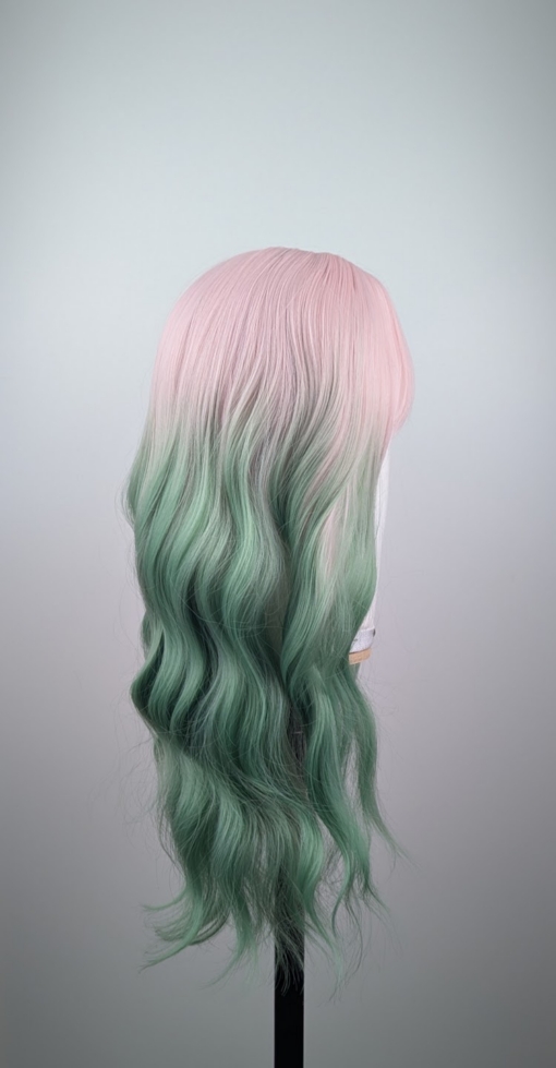 Outlet #239 - Lush Wigs UK A mix of pastel pink from the roots that melt into a dark green ombre. The style is sleek from the roots with a gentle wave for this one length long style. The fringe is long and sleek that can swept to the side or parted into curtain bangs.